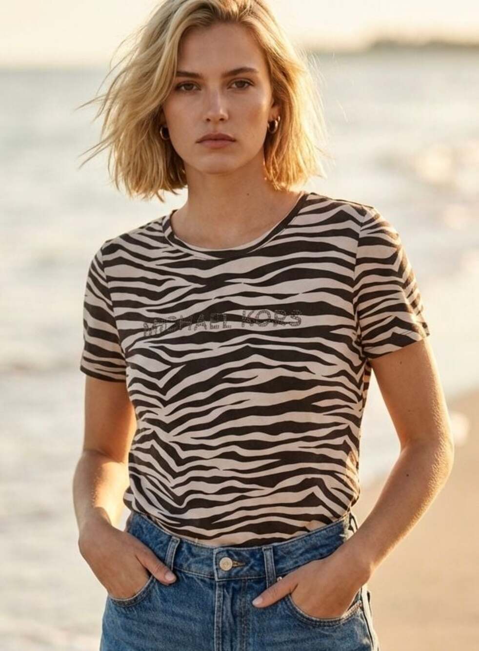 Michael Kors Zebra Print Studded Logo T-Shirt Size L - EK